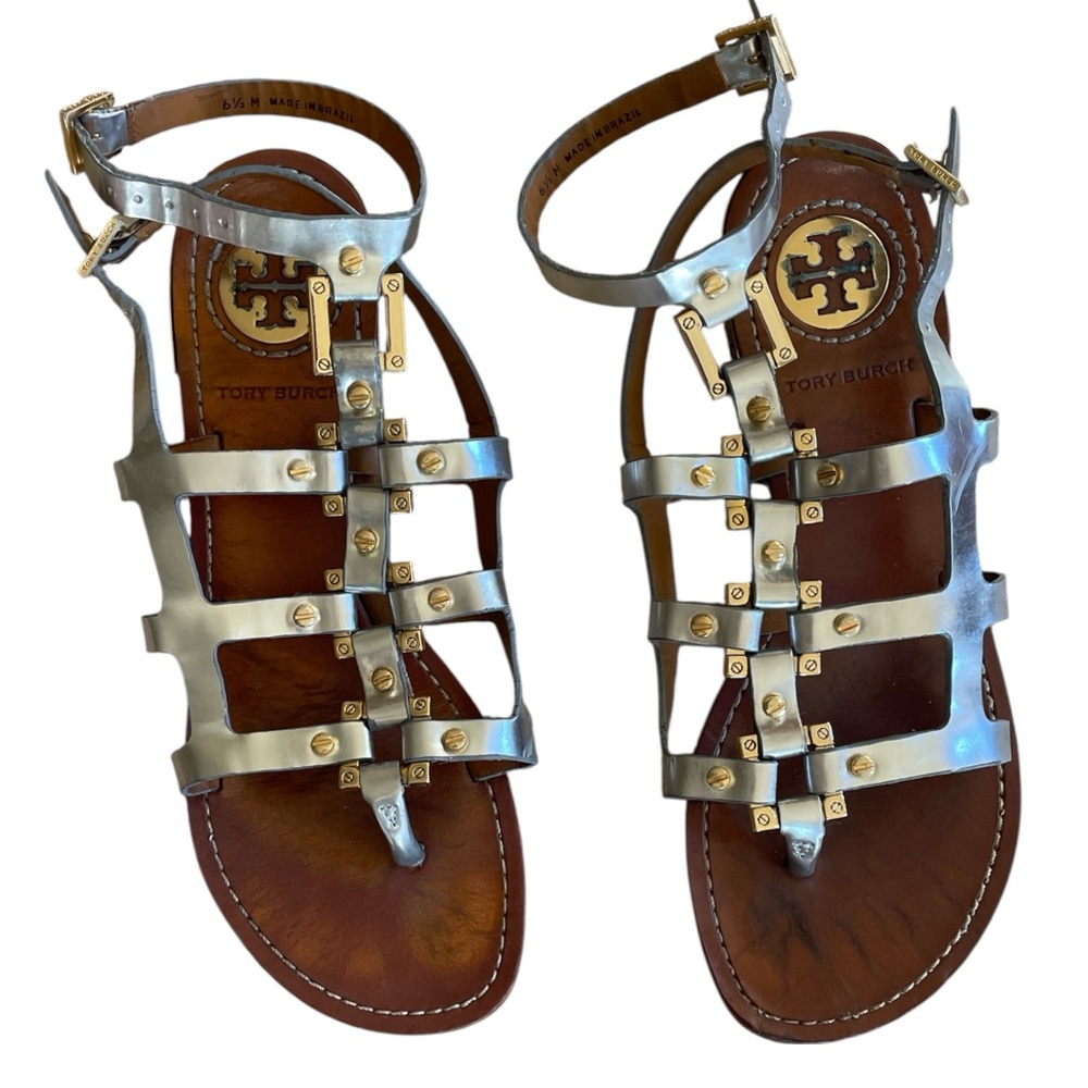 Tory Burch Y2K Silver, Gold and Brown Leather Women's Sandals